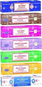 Satya Incense Sticks Gift Set, 7, Scents Nag Champa, 60s Patchouli, The Eliminater, Divine Temple, Love Spell, Golden Sandalwood, English Lavender, 15 g Each (Oriental Mix)