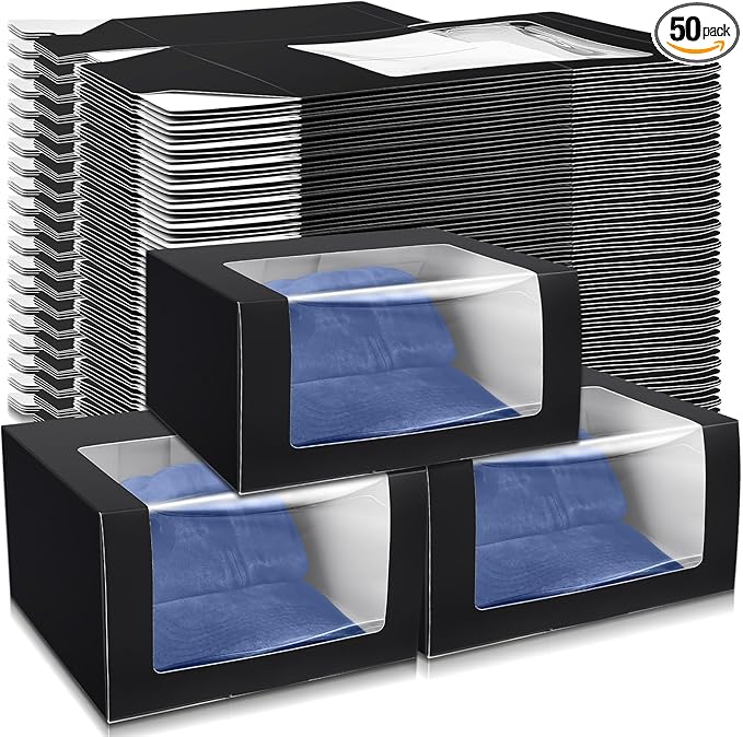 50 Pack Hat Boxes with Clear Window, Foldable Black Gift Boxes for Baseball Caps, Storage, Display and Shipping