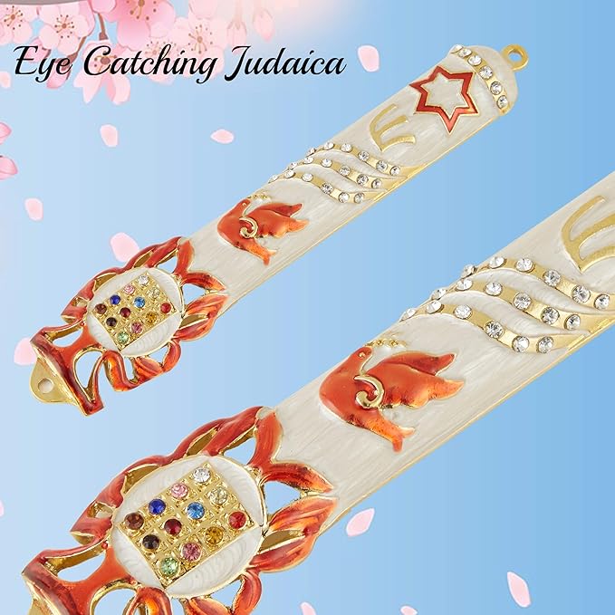 Matashi Hand Painted White Enamel Mezuzah Case Embellished with Star of David, Peace Dove, and Priestly Hoshen Breastplate with Crystals - Jewish Home Door Decor, Housewarming Judaica Gift
