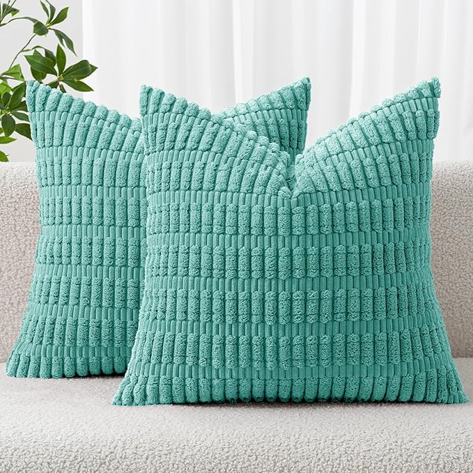 MIULEE Pack of 2 Corduroy Decorative Throw Pillow Covers 20x20 Inch Soft Boho Striped Pillow Covers Modern Farmhouse Home Decor for Summer Sofa Living Room Couch Bed Aqua Green