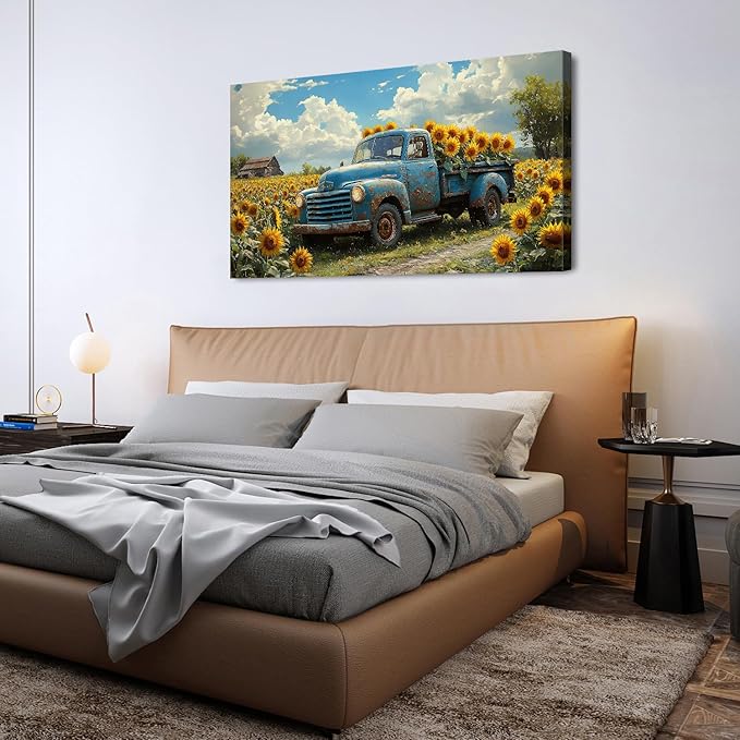 AIYISU Sunflower Wall Art Farmhouse Pictures Wall Decor Vintage Floral Prints Rustic Barn Truck Pictures Country Wildflower Canvas Painting Artwork for Bedroom Living Room Home Decoration 24x48