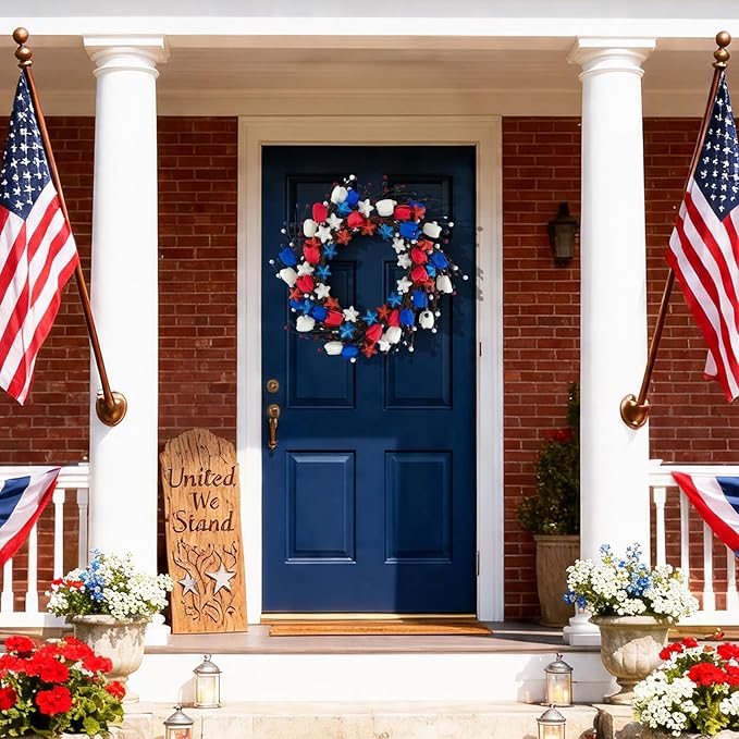 21" Patriotic Wreath for Front Door 4th of July Wreaths with Red White Blue Tulip Flowers&Berry for 250th Anniversary USA Memorial Day, Independence Day Home Porch Wall Outdoor Farmhouse Decoration