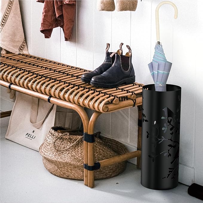 Mango Steam Round Song Bird Spiral Umbrella Stand 21.75" Tall, Black
