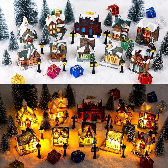 Shappy 48 Pcs Christmas Village Houses Town Buildings Accessories 10 Light up Christmas Village House 12 Mini Trees 12 LED Lights 2 Snow Blanket Box for DIY(Classical Style)