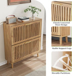 Shoe Storage Cabinet with Louvered 2 Flip Drawers, Narrow Shoe Cabinet Storage for Entryway, Freestanding Shoe Organizer Cabinet with Golden Handles, Slim Shoe Rack Cabinet 31.5in(Natural Wood)