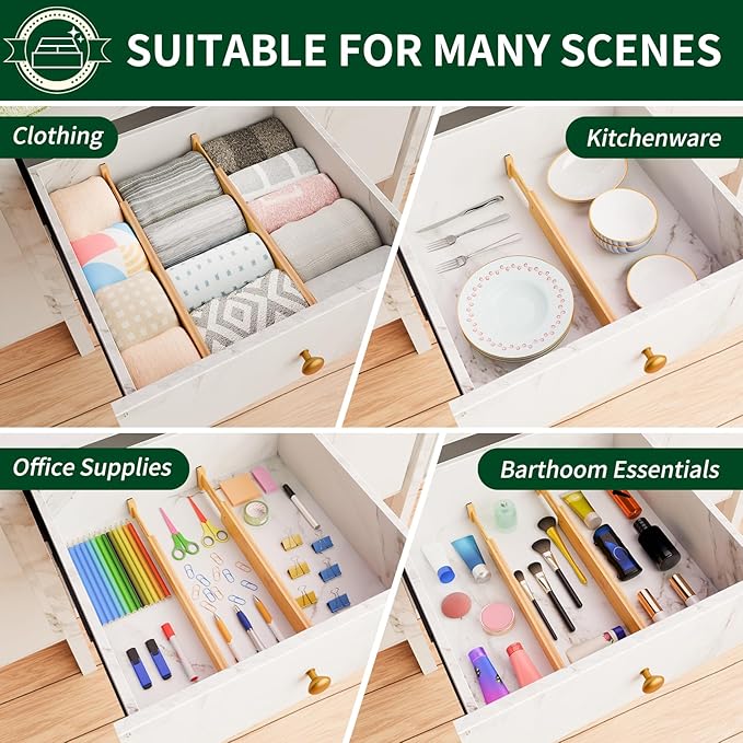 4 Pack Bamboo Drawer Dividers 2.6" High,Adjustable Spring Loaded Clothes Drawer Organizers for Kitchen, Dresser, Bathroom, Bedroom and Office