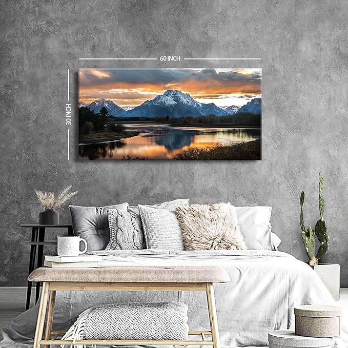 Large Mountain Wall Art for Living Room Sunset Nature National Park Posters Grand Teton Landscape Wall Decor Snake River Wyoming Scenery Canvas Prints Artwork for Bedroom Office Home Decoration 30x60"
