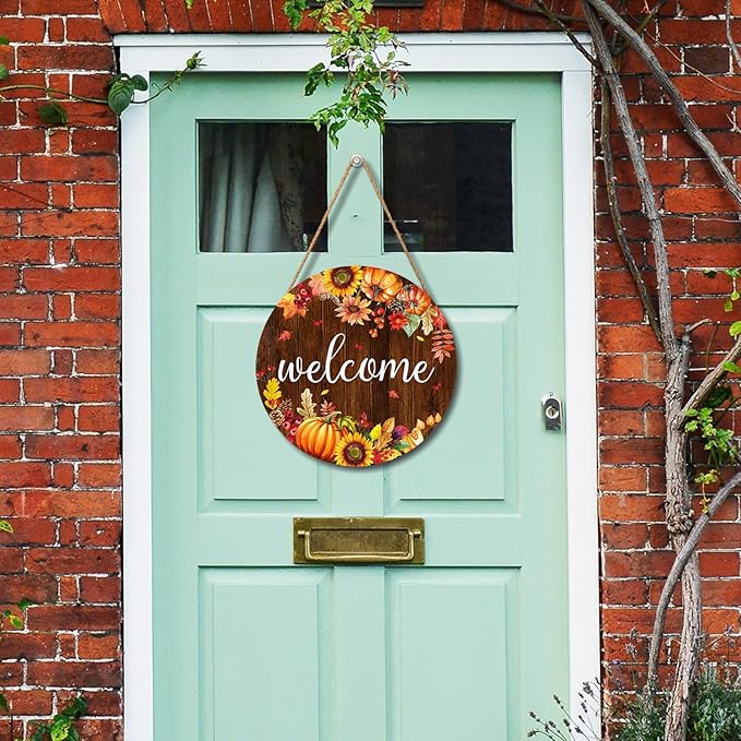 Fall Pumpkin Sunflower Front Door Welcome Hanger 12"x12" - Autumn Thanksgiving Farmhouse Decorations - Rustic Outdoor Hanging Plaque Wall Art for Home Porch