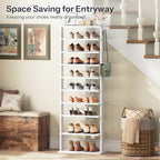 HOOBRO 10 Tiers Vertical Shoe Rack, Wooden Shoe Storage Organizer with Hooks, Narrow Shoe Tower for 20 Pairs, Space Saving, for Entryway, Living Room, Bedroom, White WT140XJ01