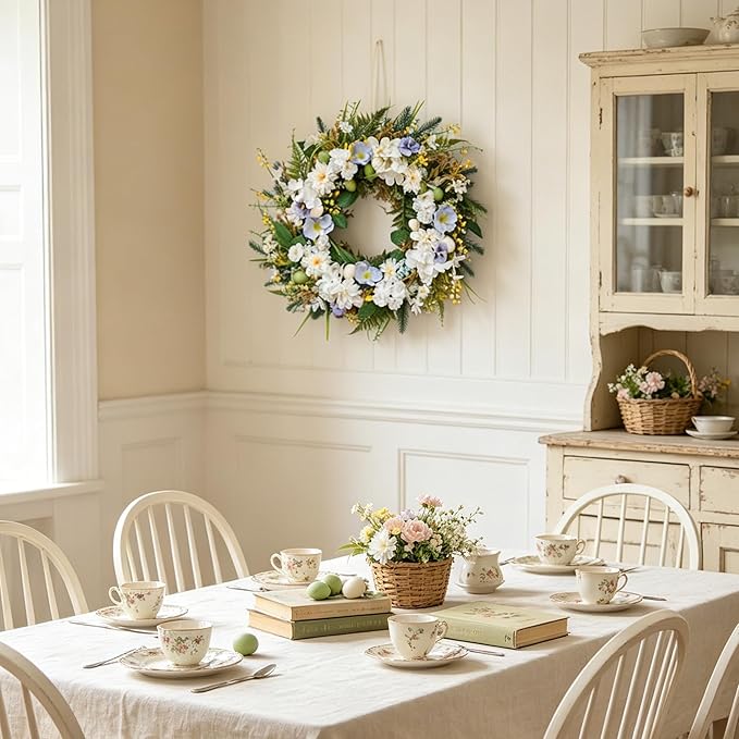 Idyllic 22 Inch Summer Wreaths for Front Door - White Blue Flowers on Green Foliage Base for Seasonal Home Outdoor Decor