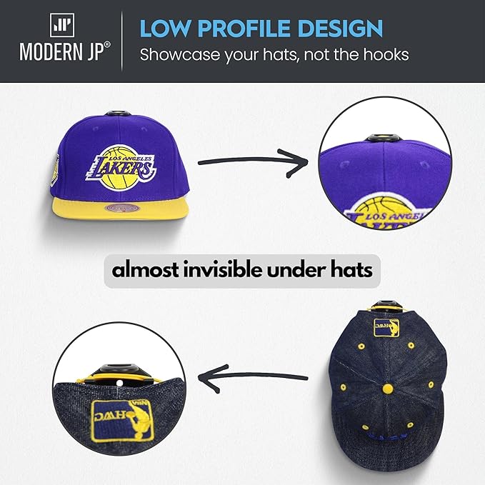 Modern JP Adhesive Hat Hooks for Wall (32-Pack) - Hat Rack for Baseball Caps, Minimalist Hat Display, Strong Hold Hat Hangers for Wall - USA Patented, Black