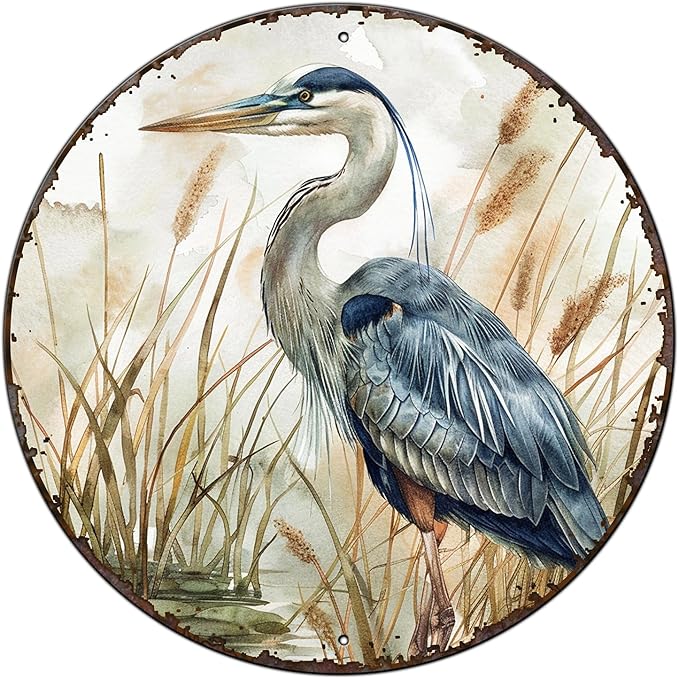 Round Sign Blue Heron Bird Tin Sign Retro Aluminum Metal Sign for Kitchen Garden Bar Office Home Indoor Wall Decor 12 Inch