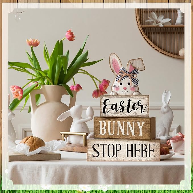 Moucuny 4 Pcs Easter Bunny Table Decoration Stacked Wooden Bunny Block Decor 3-tier Tabletop Sign with 3D Rabbit, Rustic Farmhouse Easter Decorations for Home Egg Hunt Party Centerpiece Gift