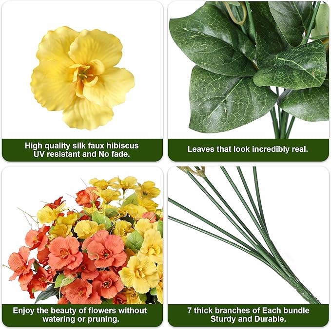 Fake Hibiscus Artificial Flowers for Outdoors Spring Summer Decoration, 6 Bundles Silk Hibiscus Flowers Bouquet UV Resistant Look Real Faux Plants for Outside Planter Front Door Porch Balcony, 2MixHC