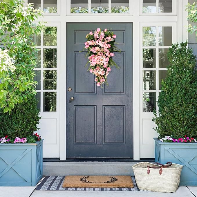 21.65In Spring Teardrop Swag, Artificial Floral Swag with Green Leaves, Easter Teardrop Wreath Front Door Swag, Decorative Teardrop Garland for Front Door Porch Wall (A)