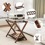 Fully Assembled Luggage Rack, Walnut Luggage Rack for Guest Room, Bamboo Folding Suitcase Stand with Storage Shelf, 5 Nylon Straps, Luggage Holder for Bedroom Hotel, 26.77"W x 16.93"D x 22.5"H, 1 Pack