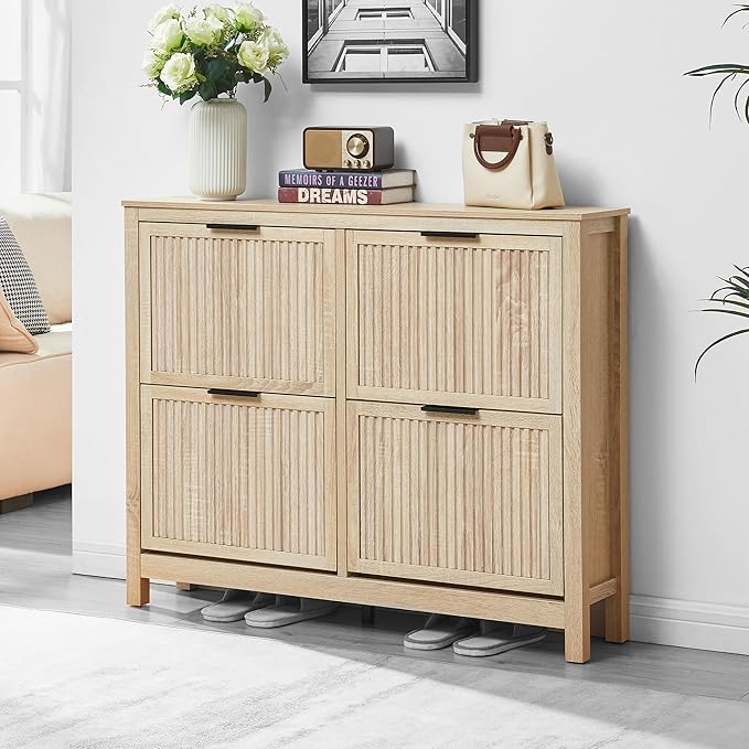 4 Flip Drawers Shoe Cabinet Storage for Entryway, Narrow Hidden Wood Shoes Organizer Cabinet Front Door Entrance Thin Free Standing Front Door Shoe Rack Storage for Entryway(Oak)