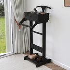 Wooden Valet Stand for Men, Suit Valet Stand with Top Tray, Storage Drawer, Bottom Shoe Rack, Freestanding Clothes Rack for Living Room, Entryway, Bedroom (Black with 1 Storage Drawers)