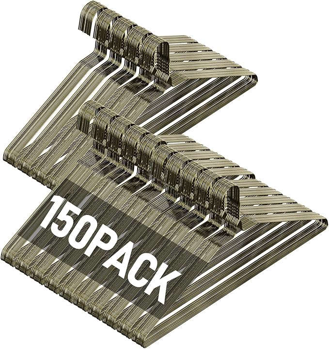 SPECILITE Wire Metal Clothes Hangers Bulk 150 Pack for Standard Size Suits, Coats, Shirts, Pants, Skirts, Space Saving, Non Slip,16 Inch 12 Gauge Ultra Thin, Bronze