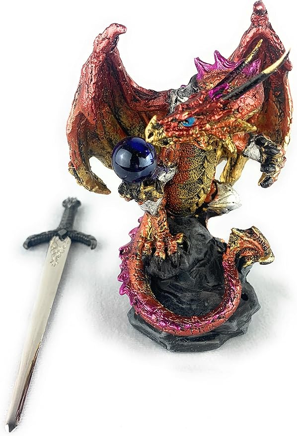 Ain't It Nice Dragon Statue with Medieval Sword and Crystal Ball - Collectible Dragon Figurine, Red - 4(L) 3.5(W) 7(H) inches