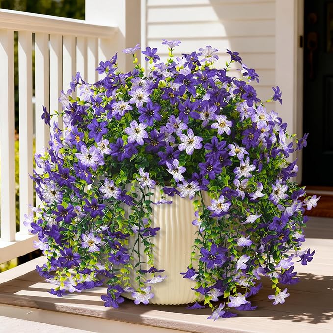 Artificial Hanging Flowers Plants for Outdoor Spring Decoration, 2 PCS Fake Silk Daisy Flower Planter UV Resistant Look Real for Outside Patio Porch Home Summer Decor (Purple)