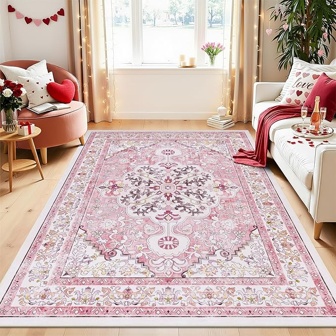 U'Artlines Pink Area Rug 5x7 Boho Washable Soft Carpet for Living Room Bedroom Dining Room Office Indoor Rugs for Home Decor