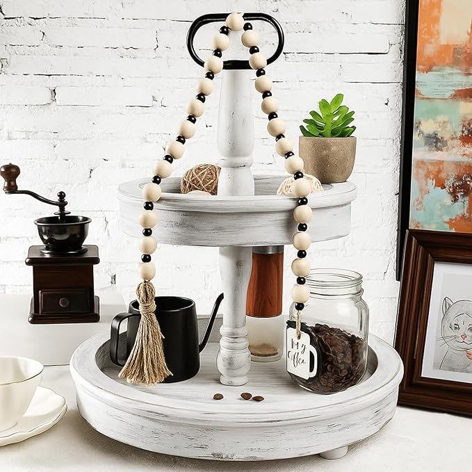 Jetec Coffee Bar Decor Wood Bead Garland with Tassel Coffee Bar Try Decor Accessories, Table, Shelf, Rustic Farmhouse Home