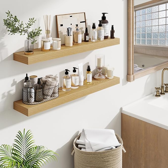 Fun Memories Floating Shelves for Room Wall, 36 Inch Long Shelf Set of 2， Hanging Wood Shelves for Storage & Display, Oak
