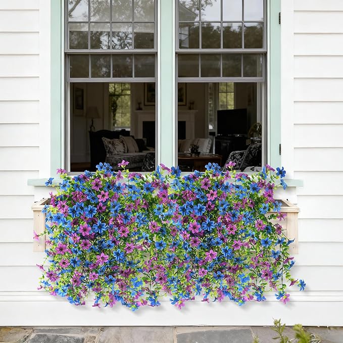 Artificial Hanging Flowers for Outdoors, 2 Pcs Fake Hanging Plant Spring Summer Decoration, UV Resistant No Fade Faux Flower for Porch Patio Yard Window Home Decor(Purple Blue)