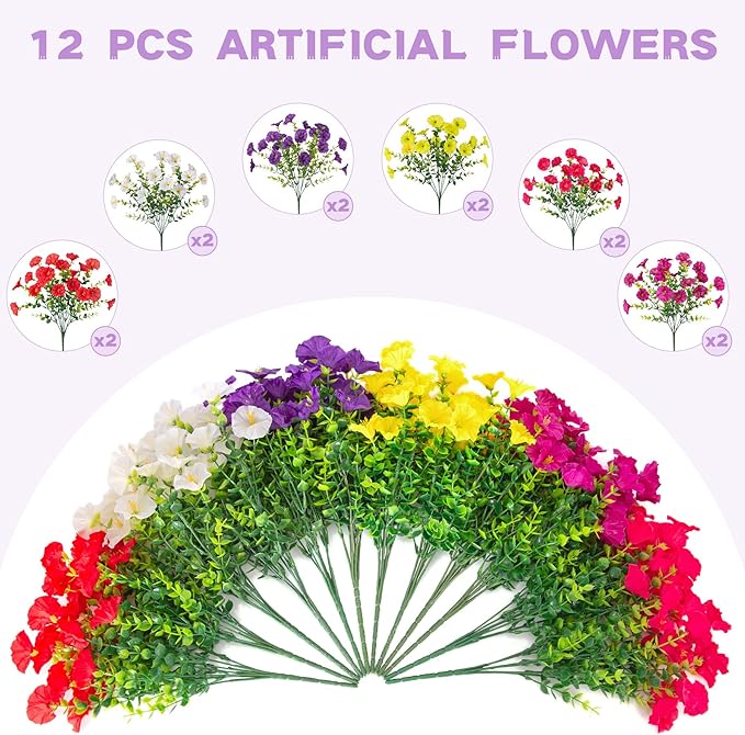 Artificial Flowers for Outdoors Decoration, 12 Bundles Fake Plastic Flower Plant, Faux Colorful Silk Morning Glory Petunias for Spring Summer Outside Garden Porch Front Door Decor, Six Mixed