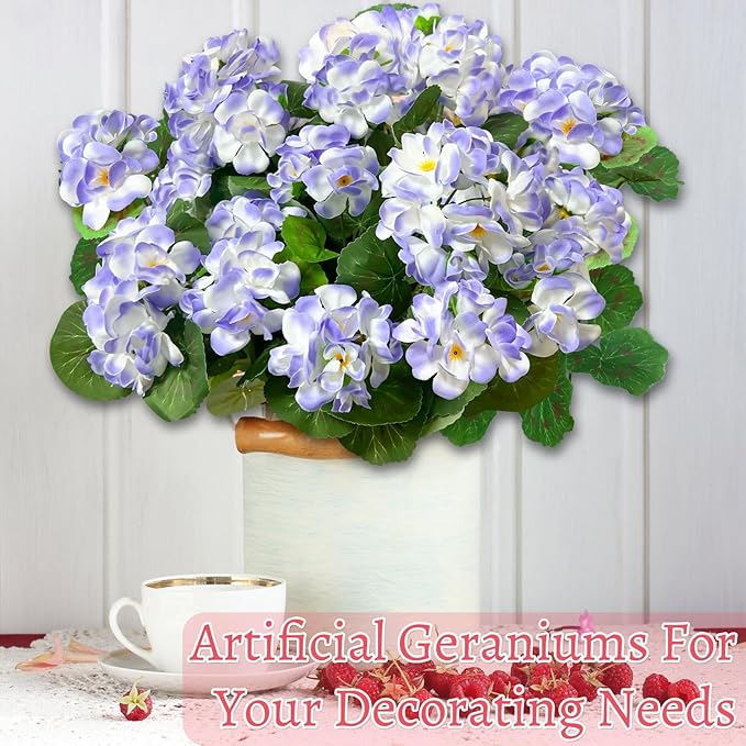 Artificial Geraniums Flowers for Outdoors Spring Decor, 4 Bundles UV Resistant Fake Geraniums Flowers Silk Faux Plants for Home Planter Gardens Table Patio Porch Indoor Cemetery Summer Decor(Purple)