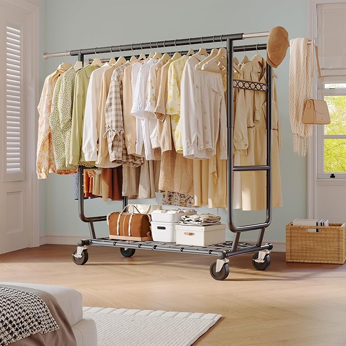 Raybee Clothes Rack Load 630LBS, Heavy Duty Clothes Rack, Rolling Clothing Racks for Hanging Clothes with Wheels, Adjustable & Commercial Garment Rack, 22" D x 75" W x 68" H, Black