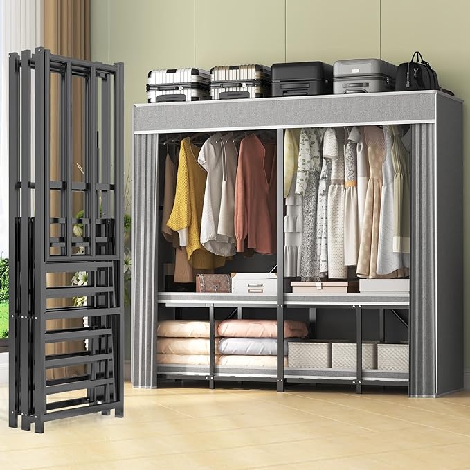 95% Assembled 75" L Heavy Duty Clothes Rack with Cover, Premium Freestanding Portable Clothes Rack, Strong Foldable Garment Rack for Hanging Clothes, Black
