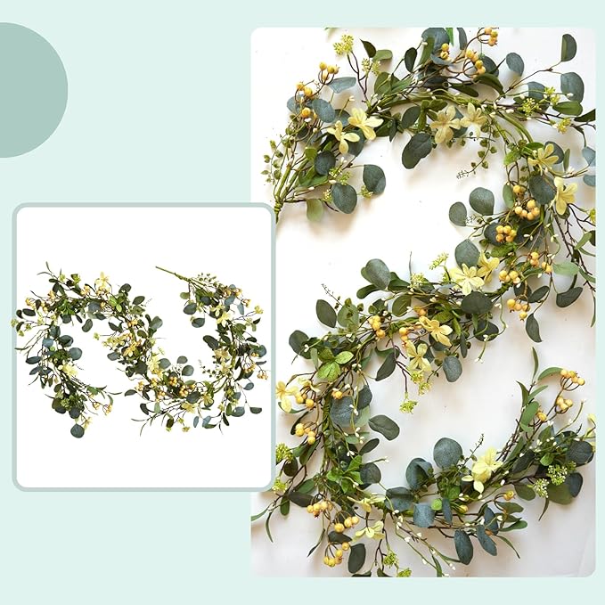 6FT Artificial Eucalyptus Garland, Spring Greenery Garland with Berries and Wildflowers for Home Table Mantle Wedding Festival Indoor Outdoor Decor