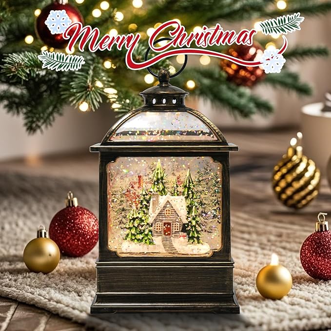 Christmas Snow Globe Lantern with 8 Music Songs & 6H Timer Water Snow Globe Lantern USB & Battery Operated for Christmas Festival Decorations Gifts (House)