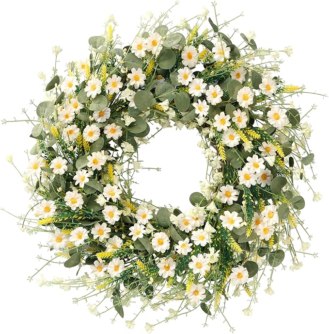 Sggvecsy White Daisy Wreath 24 Inch with Fake Silk Floral Green Eucalyptus Leaves and Lavender for Spring Summer Front Door Window Wall Wedding Farmhouse Festival Decor