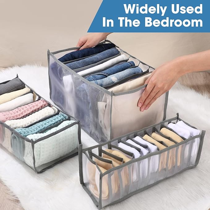 14 Pcs 6 Different Sizes Upgraded Wardrobe Clothes Organizer Jeans Organizer for Closet Foldable Pants Storage with Compartments Divided Sweater Boxes for Closet Shirts Underwear Socks Bra Bins, Gray