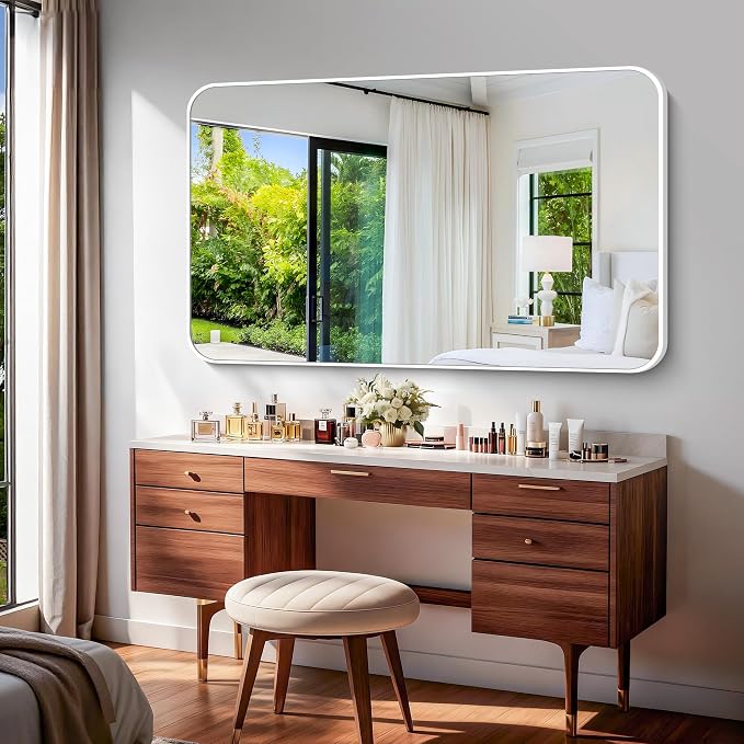 BONEWEI White Bathroom Mirror,60x36 inch Wall Mirror for Bathroom Wall Mounted,Rectangle Mirror for Bathroom Over Sink,Modern Frame Round Corner for Living Room,Bedroom Entryway,Horizontal/Vertical