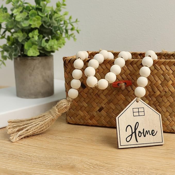 Meplait Home Wooden Bead Garland with Tassel, Decorative Beads Home Decor Farmhouse Tassel Garland Boho Decor for Tiered Tray（38in）