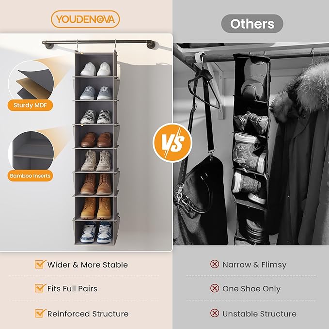 YOUDENOVA Upgraded Extra Wide Hanging Shoe Organizer for Closet, 8-Shelf Storage Organizer with 8 Side Pockets, Hanging Shoe Rack for Hats Clothes Jeans, 2 Packs, Grey