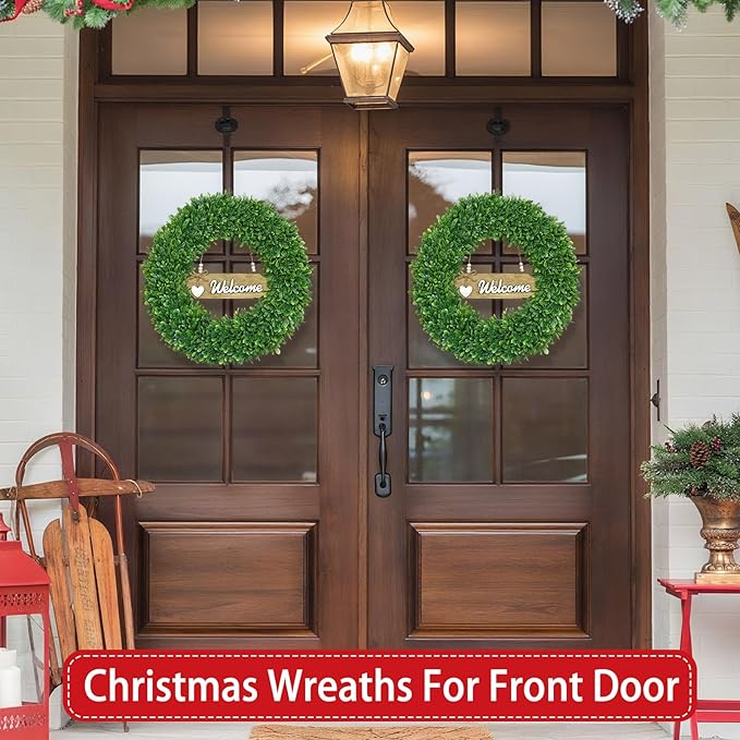 22 Inch Boxwood Wreath for Front Door Realistic with Welcome Sign Faux Easter Green Preserved Boxwood Wreaths Outdoor Spring Wreaths for Front Door Outside for Porch Farmhouse Wall Home Decor