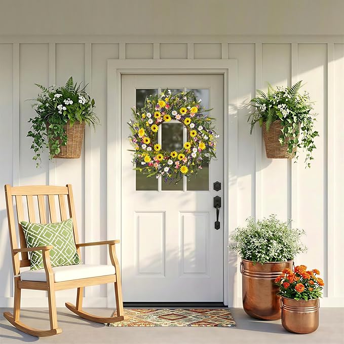 Spring Wreaths for Front Door, 22 Inch Spring and Summer Daisy Wreath for Farmhouse Porch Wall Window Home Decor for Indoor Outdoor Housewarming Gift