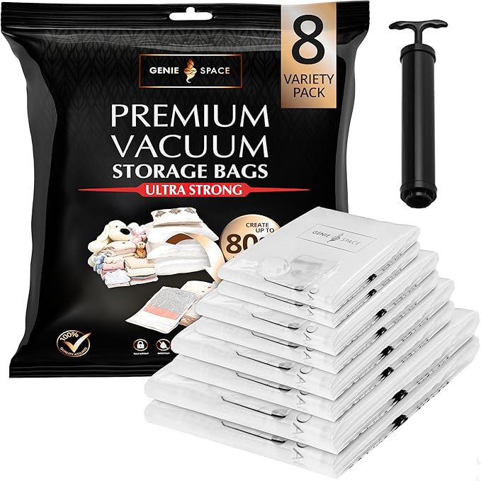 GENIE SPACE Vacuum Storage Bags for Clothes and Bedding – Variety 8-Pack (2 XL, 2 L, 2 M, 2 S), Airtight, Reusable and Odor-Proof Space Saver Bags with Double Zipper Seal and Hand Pump