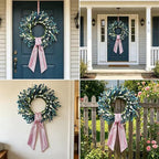 22 Inch Blue Floral Wreath for Front Door, Artificial Spring Summer Wreath with Free Pink Sash, All Seasons Eucalyptus Greenery Wreath for Indoor Outdoor Home Wall Wedding Decor
