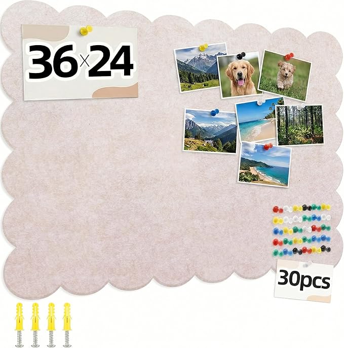 Scalloped Beige Felt Bulletin Board 36x24 Inches - Self-Adhesive Foldable, with 30 Pushpins, Cork Board Alternative - Decorative Pin Board for Wall, Home, Office & School (Beige, 36"x 24")