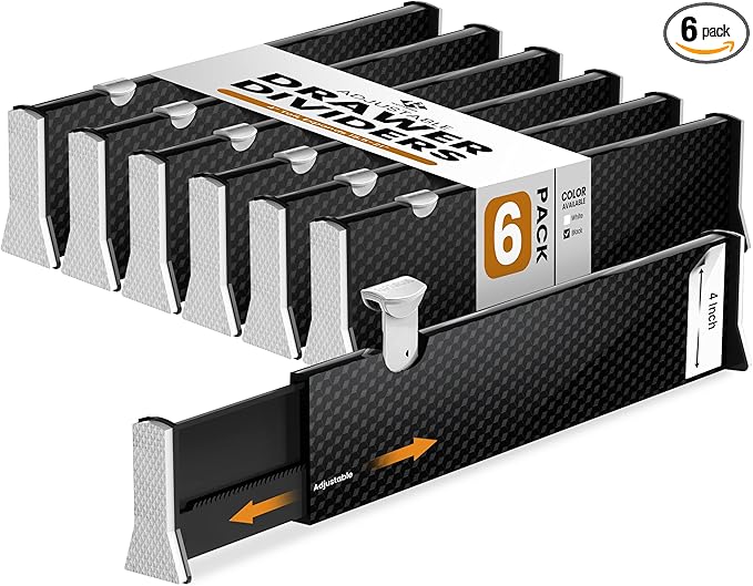 RAPTUROUS Adjustable Drawer Dividers 6 Pack, 4” High, 15.5-21” Long, Dresser Drawer Organizer for Bedroom, Closet, Kitchen, Nursery, Office, Strong Hold, Soft Foam Edges, Black