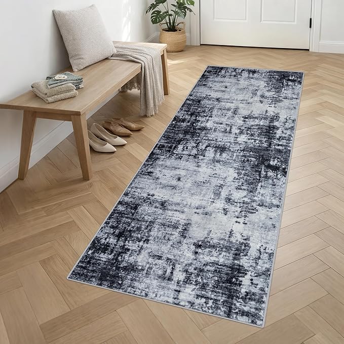 Washable Area Rug 3x10 Entryway Rug: Washable Modern Abstract Soft Thin Rug Indoor Floor No Slip Stain Resistant Carpet for Bedroom Dining Room Farmhouse Nursery Home Office - Dark Black