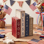 Lineshading 4 Pcs Patriotic Table Decorations Glod Bless American 4th of July Tiered Tray Decor 250th Anniversary Wooden Book Red White and Blue Memorial Day Centerpiece Decorations for Home Shelf