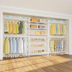 Timate S3X PLUS Closet System, Expandable Wall Mounted Closet with 6 Adjustable Shelves & 4 Expandable Hanger Rods, Industrial Pipe Clothing Rack for Hanging Clothes, Fits Spaces 6'11"- 9'10", White