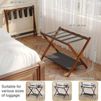 Bamboo Luggage Rack for Guest Room, 26.77" Folding Wide Suitcase Stand with Fabric Storage Shelf, Thickened Luggage Stand Holder for Bedroom Hotel, Luggage Rack for Suitcases (1 Pack - Brown)